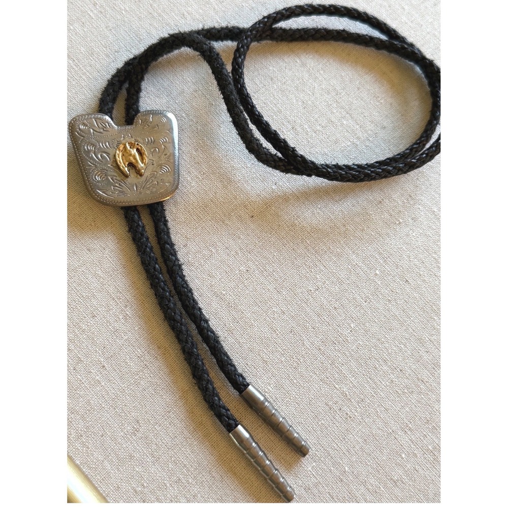 Vintage Western Bolo Tie Silver Gold Tone Horse Head Engraved Braided Black Cord